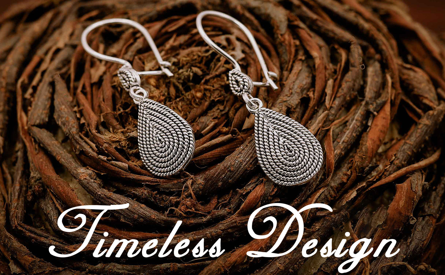 MESOP Teardrop Womens Silver Earrings, 925 Sterling Silver Drop Earrings, Timeless Mesopotamia History Inspired, Fluted Filigree Dangle Earrings and Valentines Day Gift